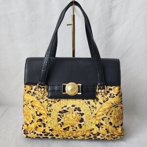 Auth Gianni Versace Baroque Leopard Print Satchel Bag